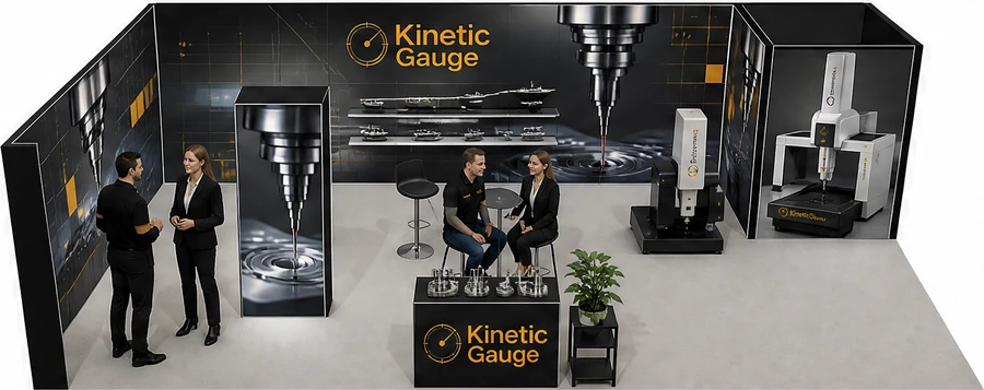 Stoisko 10 × 5 m narożne lewe dla branży technika pomiarowa, przykładowa marka Kinetic Gauge