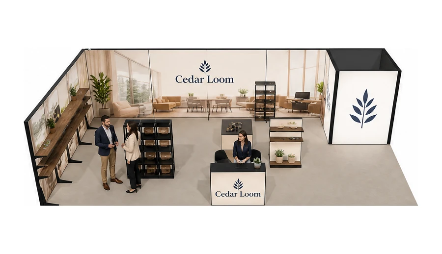 Stoisko 10 × 5 m narożne lewe dla branży meble biurowe, przykładowa marka Cedar Loom