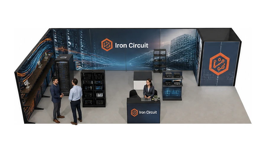 Stoisko 10 × 5 m narożne lewe dla branży infrastruktura IT i data center, przykładowa marka Iron Circuit