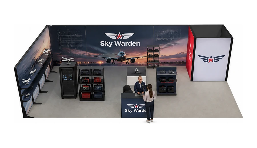 Stoisko 10 × 5 m narożne lewe dla branży lotnictwo, przykładowa marka Sky Warden