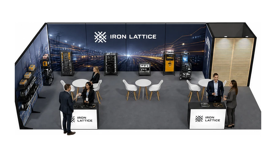 Stoisko 10 × 5 m narożne lewe dla branży kolej i tabor, przykładowa marka Iron Lattice