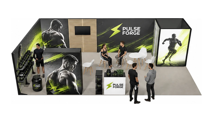 Stoisko 10 × 5 m narożne lewe dla branży suplementy diety, przykładowa marka Pulse Forge