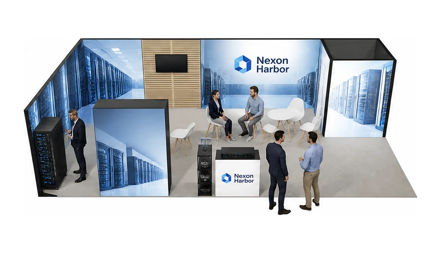 Stoisko 10 × 5 m narożne lewe dla branży infrastruktura IT i data center, przykładowa marka Nexon Harbor