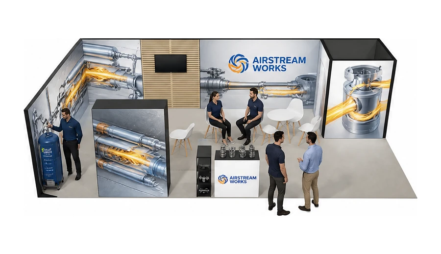 Stoisko 10 × 5 m narożne lewe dla branży pneumatyka i sprężone powietrze, przykładowa marka Airstream Works