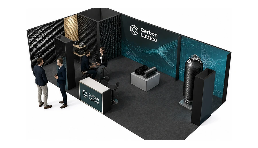 Stoisko 10 × 5 m narożne lewe dla branży materiały kompozytowe, przykładowa marka Carbon Lattice