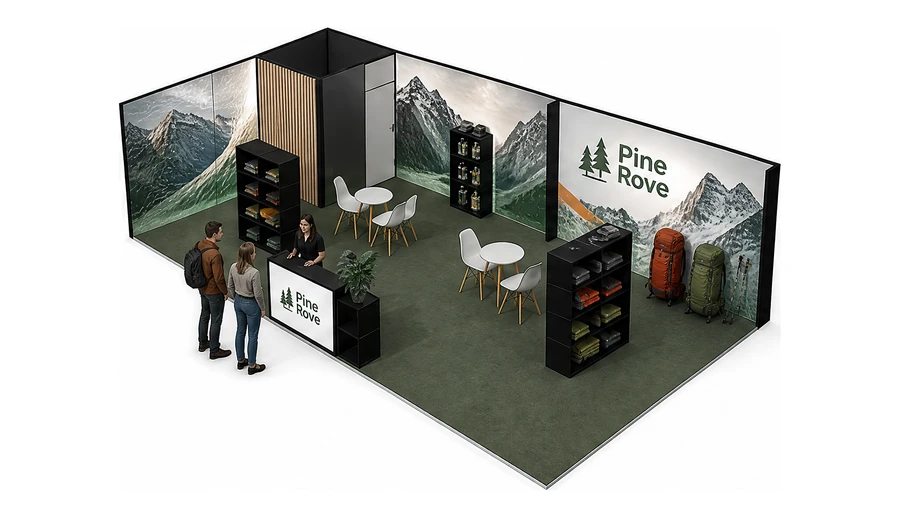 Stoisko 10 × 5 m narożne lewe dla branży odzież i sprzęt outdoorowy, przykładowa marka Pine Rove