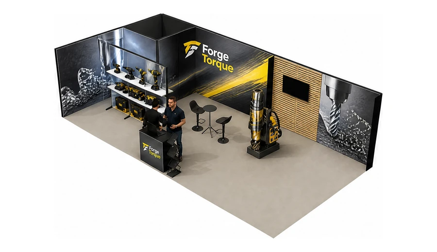 Stoisko 10 × 5 m narożne lewe dla branży elektronarzędzia, przykładowa marka Forge Torque