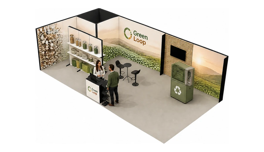 Stoisko 10 × 5 m narożne lewe dla branży recykling i ochrona środowiska, przykładowa marka Green Loop