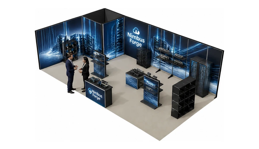 Stoisko 10 × 5 m narożne lewe dla branży infrastruktura IT i data center, przykładowa marka Nimbus Forge