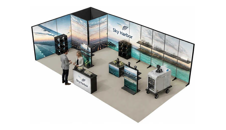 Stoisko 10 × 5 m narożne lewe dla branży lotnictwo, przykładowa marka Sky Harbor