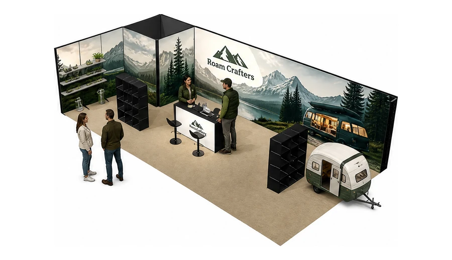 Stoisko 10 × 5 m narożne lewe dla branży caravaning i kampery, przykładowa marka Roam Crafters