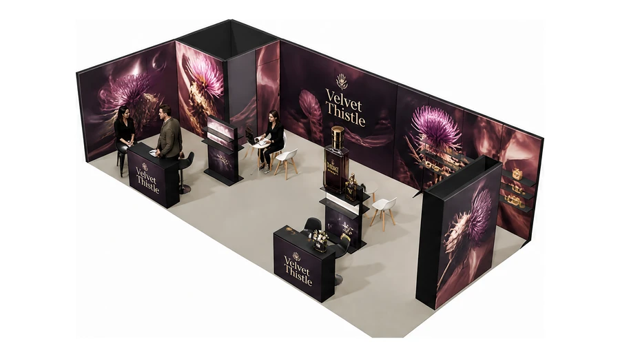 Stoisko 10 × 5 m narożne lewe dla branży perfumy, przykładowa marka Velvet Thistle