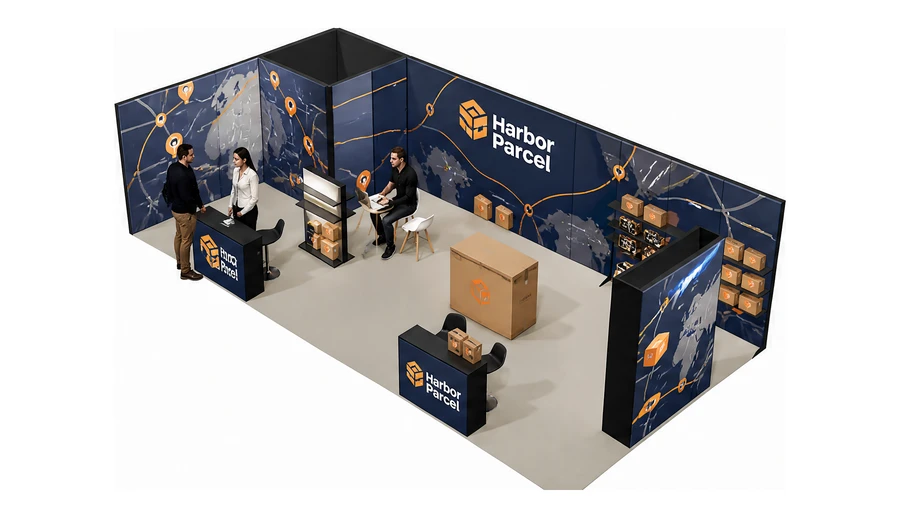 Stoisko 10 × 5 m narożne lewe dla branży e-commerce, przykładowa marka Harbor Parcel