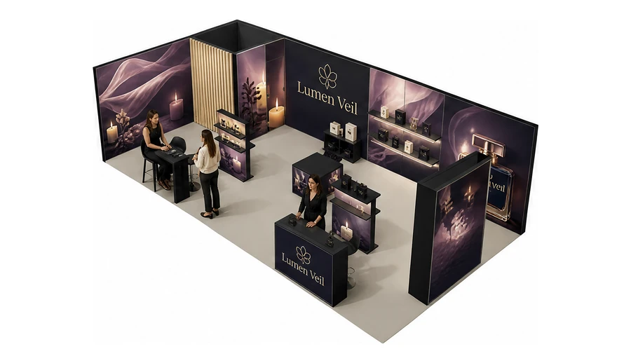 Stoisko 10 × 5 m narożne lewe dla branży perfumy, przykładowa marka Lumen Veil