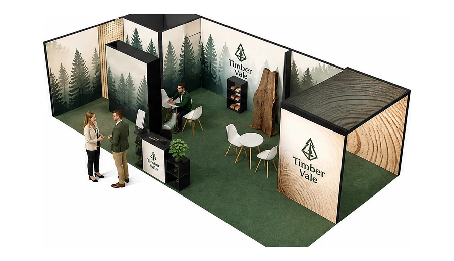 Stoisko 10 × 5 m narożne lewe dla branży leśnictwo i przemysł drzewny, przykładowa marka Timber Vale