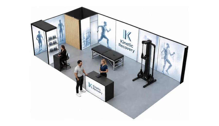 Stoisko 10 × 5 m narożne lewe dla branży rehabilitacja i fizjoterapia, przykładowa marka Kinetic Recovery