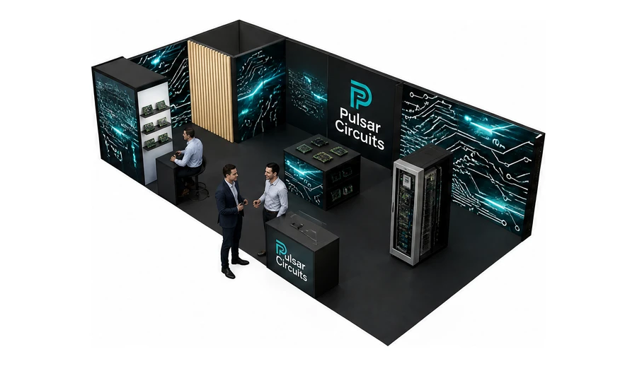 Stoisko 10 × 5 m narożne lewe dla branży komponenty elektroniczne, przykładowa marka Pulsar Circuits