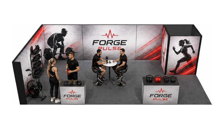 Stoisko 10 × 5 m narożne lewe dla branży fitness i siłownie, przykładowa marka Forge Pulse