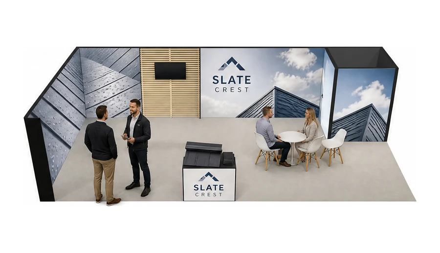 Stoisko 10 × 5 m narożne lewe dla branży dachy i elewacje, przykładowa marka Slate Crest
