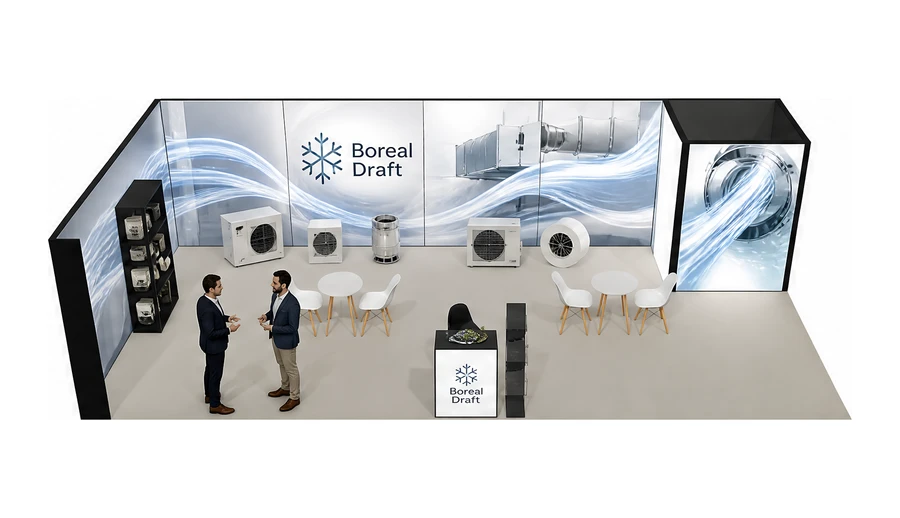 Stoisko 10 × 5 m narożne lewe dla branży wentylacja i klimatyzacja, przykładowa marka Boreal Draft