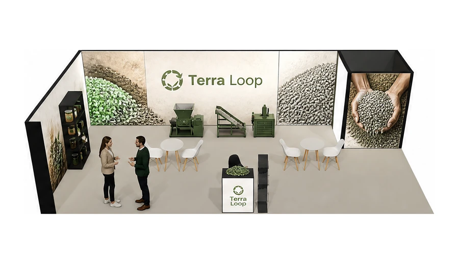 Stoisko 10 × 5 m narożne lewe dla branży recykling i ochrona środowiska, przykładowa marka Terra Loop