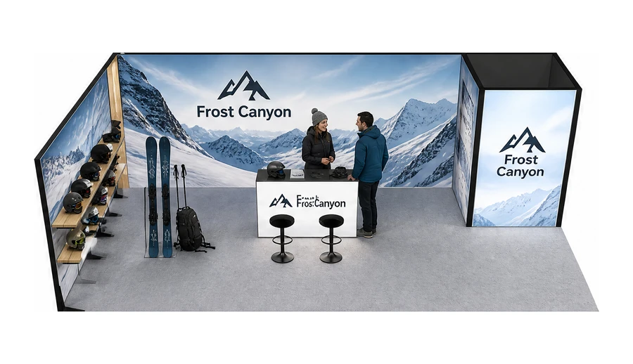 Stoisko 10 × 5 m narożne lewe dla branży narciarstwo i sporty zimowe, przykładowa marka Frost Canyon