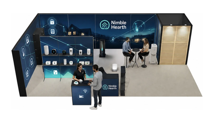 Stoisko 10 × 5 m narożne lewe dla branży smart home i IoT, przykładowa marka Nimble Hearth