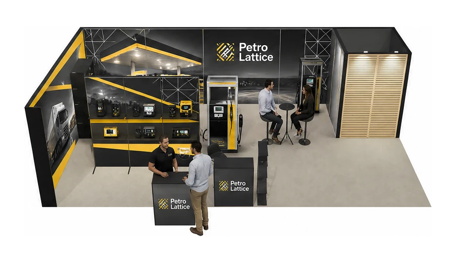Stoisko 10 × 5 m narożne lewe dla branży stacje paliw, przykładowa marka Petro Lattice