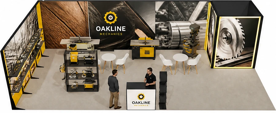 Stoisko 10 × 5 m narożne lewe dla branży maszyny do obróbki drewna, przykładowa marka Oakline Mechanics