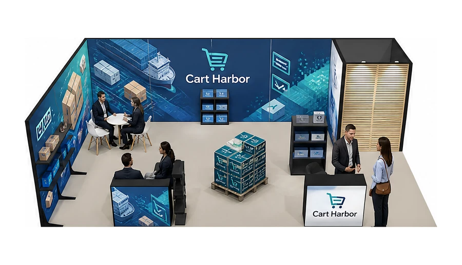 Stoisko 10 × 5 m narożne lewe dla branży e-commerce, przykładowa marka Cart Harbor