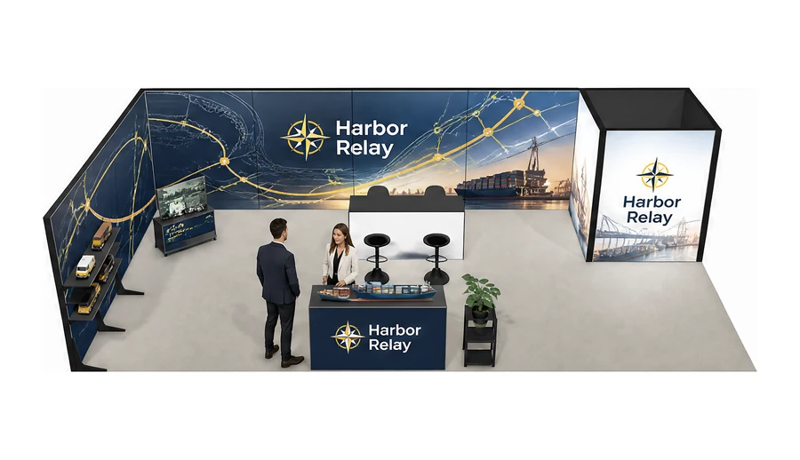 Stoisko 10 × 5 m narożne lewe dla branży logistyka i spedycja, przykładowa marka Harbor Relay