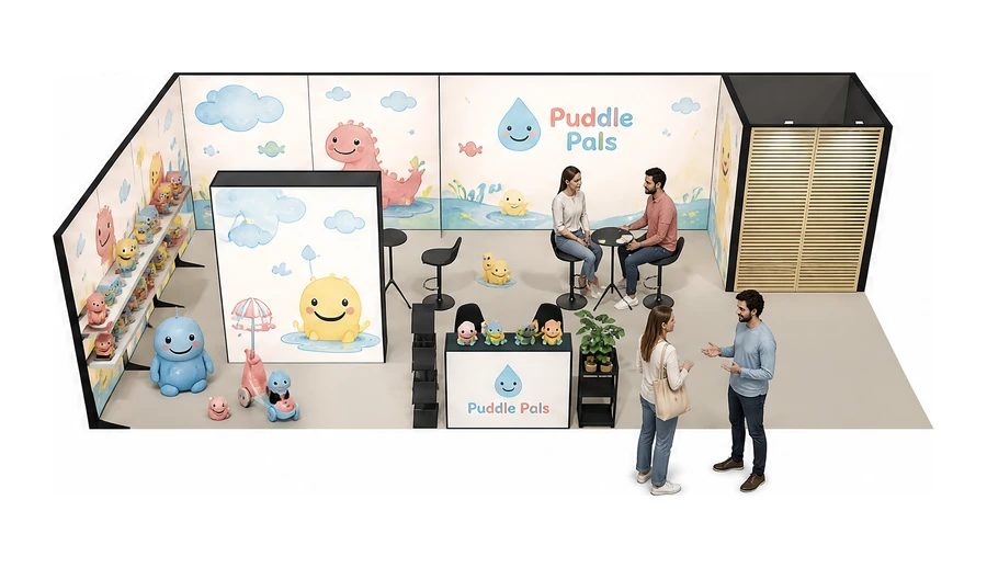 Stoisko 10 × 5 m narożne lewe dla branży zabawki i artykuły dziecięce, przykładowa marka Puddle Pals