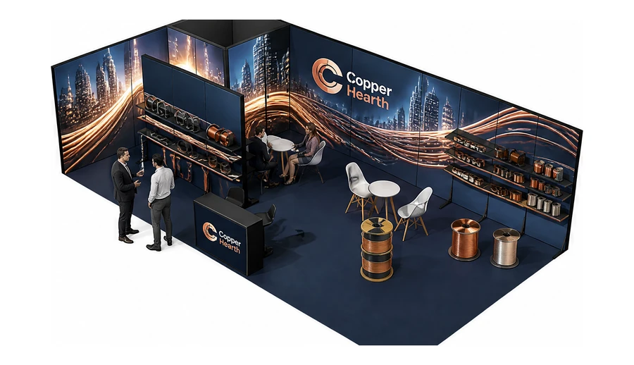 Stoisko 10 × 5 m narożne lewe dla branży kable i elektrotechnika, przykładowa marka Copper Hearth