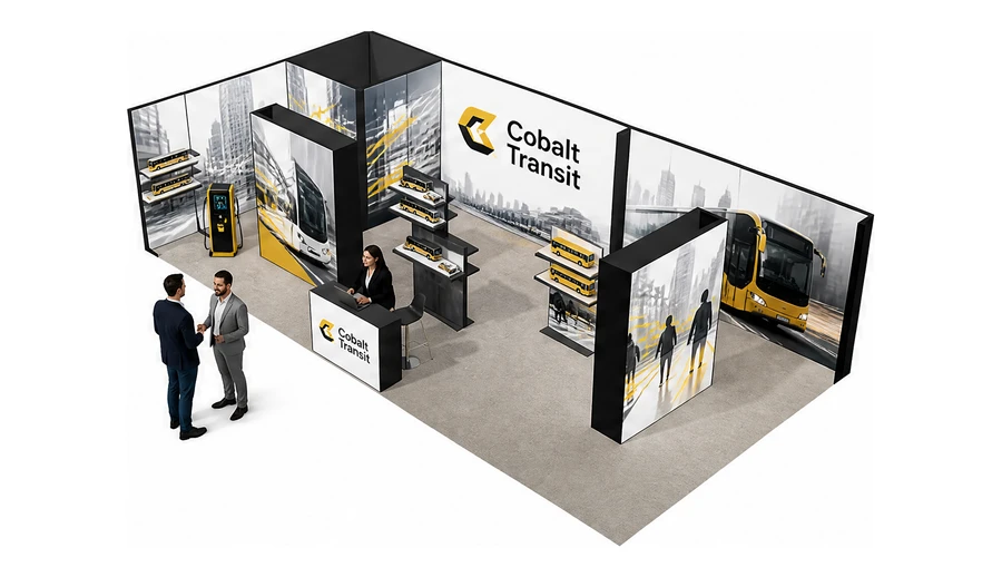 Stoisko 10 × 5 m narożne lewe dla branży autobusy i transport zbiorowy, przykładowa marka Cobalt Transit