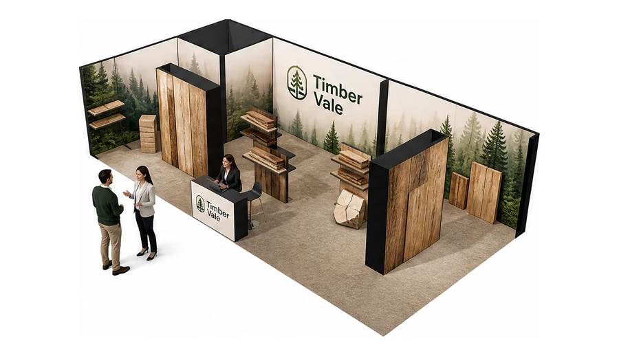 Stoisko 10 × 5 m narożne lewe dla branży leśnictwo i przemysł drzewny, przykładowa marka Timber Vale