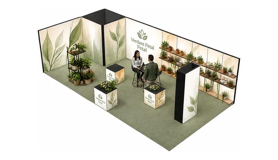 Stoisko 10 × 5 m narożne lewe dla branży rośliny i kwiaciarstwo, przykładowa marka Verdant Petal