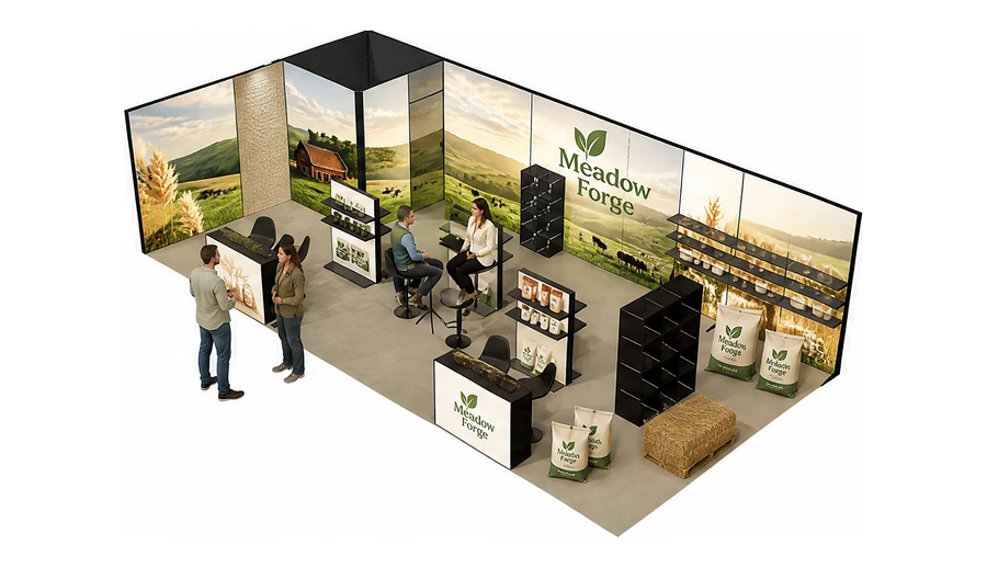Stoisko 10 × 5 m narożne lewe dla branży hodowla i pasze, przykładowa marka Meadow Forge