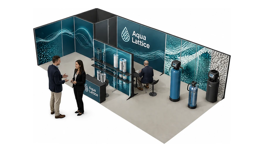 Stoisko 10 × 5 m narożne lewe dla branży technologie wodne, przykładowa marka Aqua Lattice