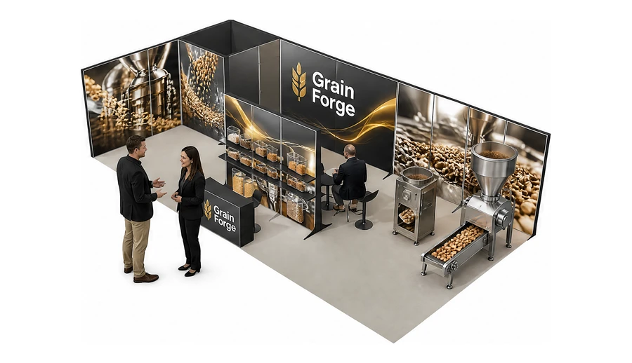 Stoisko 10 × 5 m narożne lewe dla branży technologie spożywcze, przykładowa marka Grain Forge