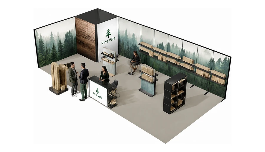Stoisko 10 × 5 m narożne lewe dla branży leśnictwo i przemysł drzewny, przykładowa marka Pine Vale