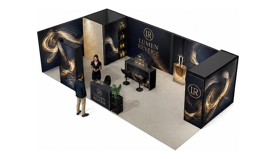 Stoisko 10 × 5 m narożne lewe dla branży perfumy, przykładowa marka Lumen Reverie