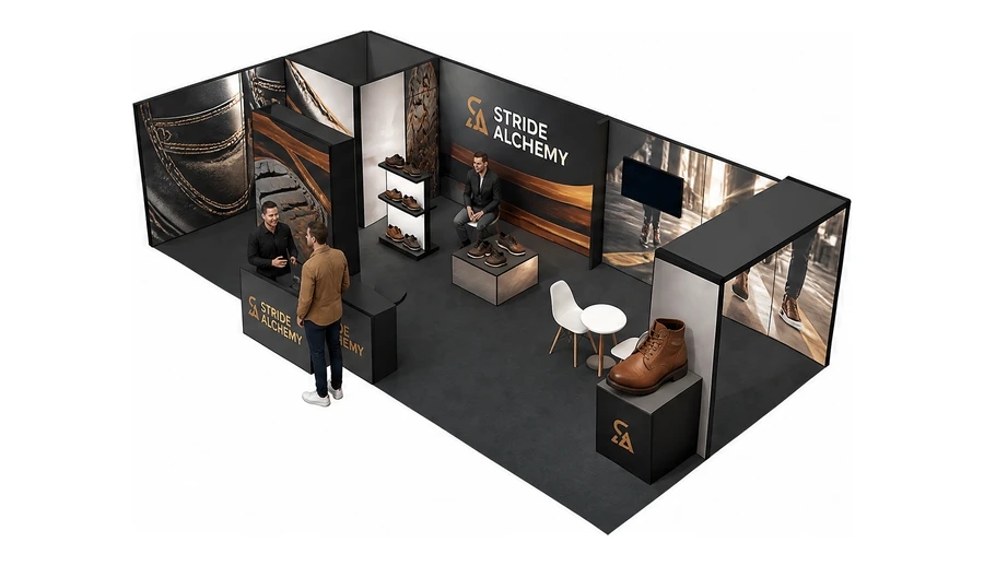 Stoisko 10 × 5 m narożne lewe dla branży obuwie, przykładowa marka Stride Alchemy