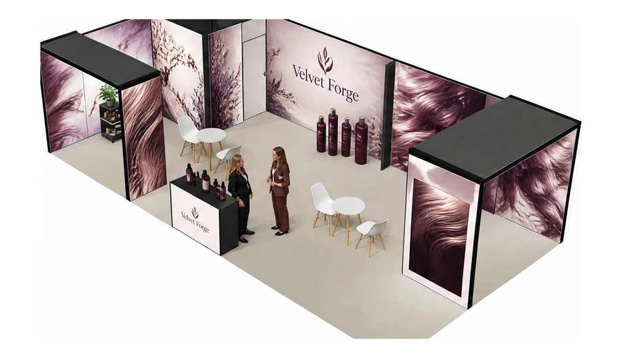 Stoisko 10 × 5 m narożne lewe dla branży fryzjerstwo i salony beauty, przykładowa marka Velvet Forge