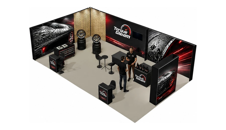 Stoisko 10 × 6 m narożne lewe dla branży tuning i detailing, przykładowa marka Torque Gleam