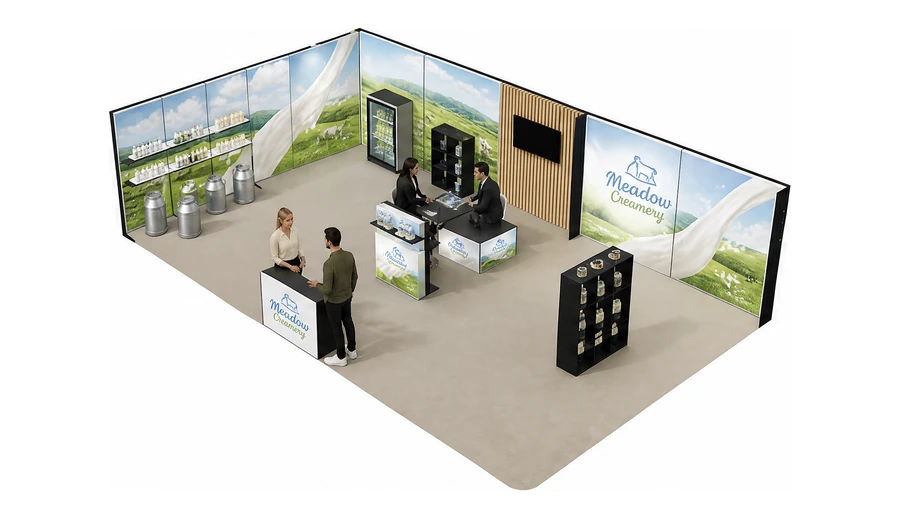 Stoisko 10 × 6 m narożne lewe dla branży nabiał i mleczarstwo, przykładowa marka Meadow Creamery