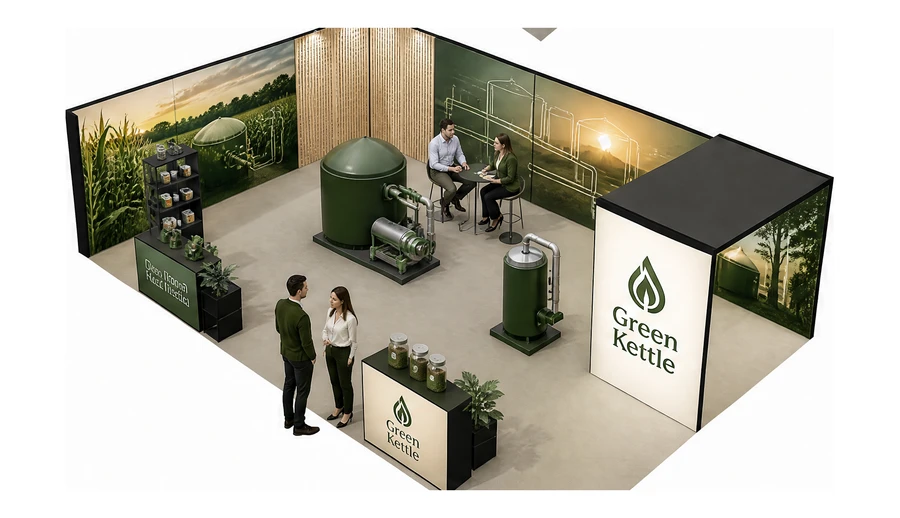 Stoisko 10 × 6 m narożne lewe dla branży biogaz i OZE, przykładowa marka Green Kettle