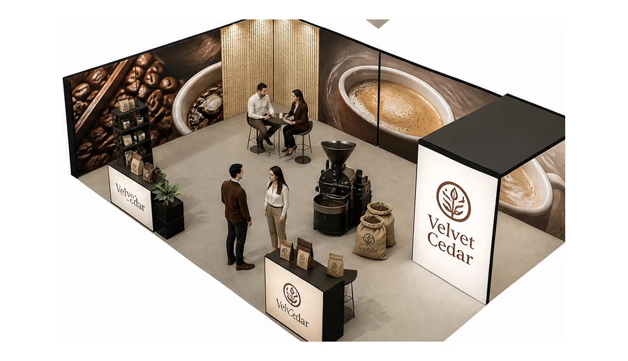 Stoisko 10 × 6 m narożne lewe dla branży palarnia kawy, przykładowa marka Velvet Cedar