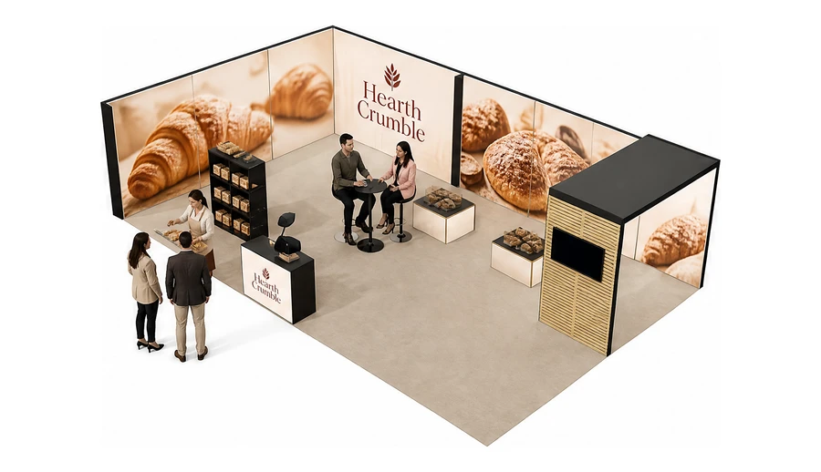 Stoisko 10 × 6 m narożne lewe dla branży piekarnictwo i cukiernictwo, przykładowa marka Hearth Crumble
