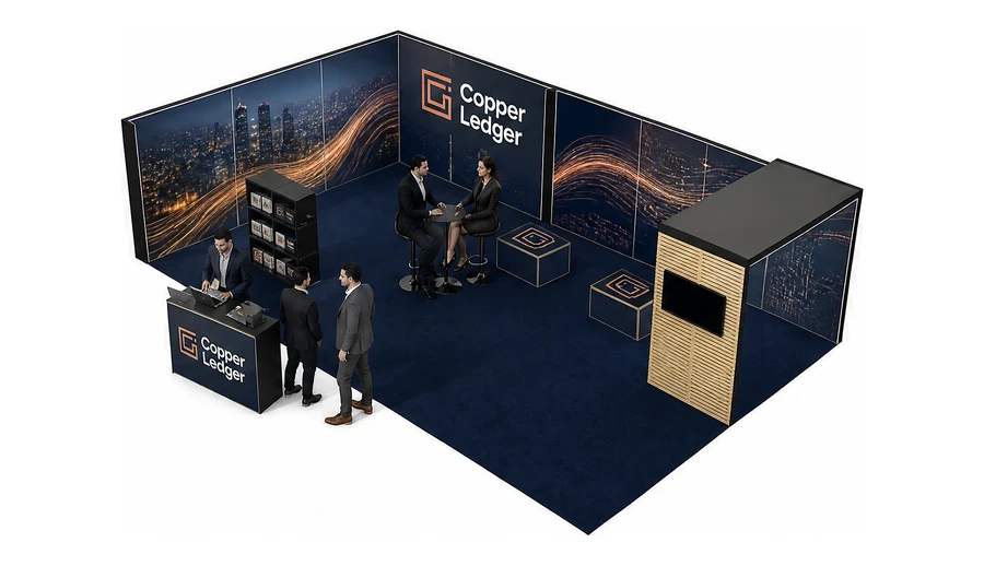 Stoisko 10 × 6 m narożne lewe dla branży płatności online, przykładowa marka Copper Ledger