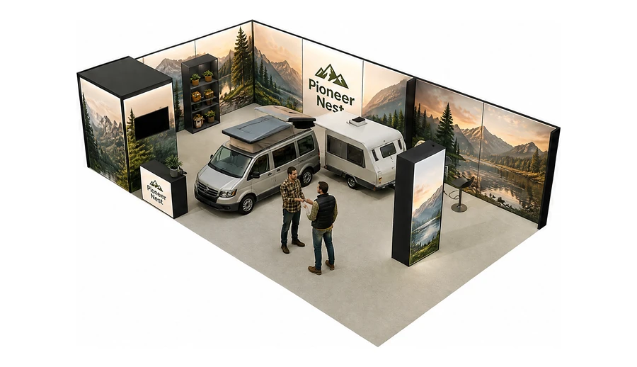 Stoisko 10 × 6 m narożne lewe dla branży caravaning i kampery, przykładowa marka Pioneer Nest